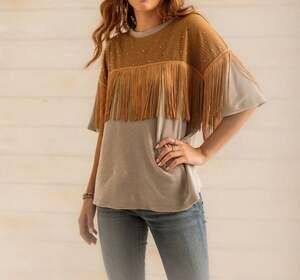 Women’s Sterling & Stitch Rhinestone Fringe Top Olive Gold Cowgirl Size Small